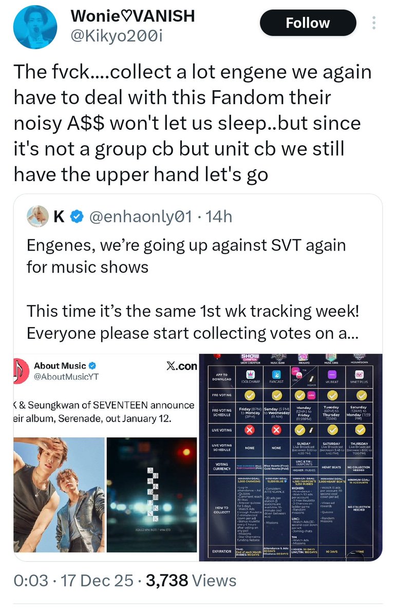 Y'all need to LOCK IN rn. 

Even tho this fd always starts all fanwars unprovoked first- nvm. We need to focus on unit debut.They think we won't make any noise coz it's not a whole group cb. Remember, this same fd said Dk &amp; Kwan are not known members of svt. Pls, prove them wrong