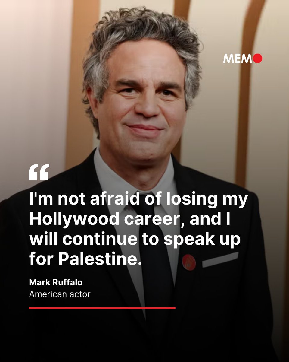 MiddleEastMnt's tweet image. Mark Ruffalo has stated he is not afraid of professional repercussions from pro-Israel groups, pledging to continue his advocacy for Palestine despite pressure from the industry. The actor's position comes after his vocal criticism of policies in Gaza. As reported by Brics News,…