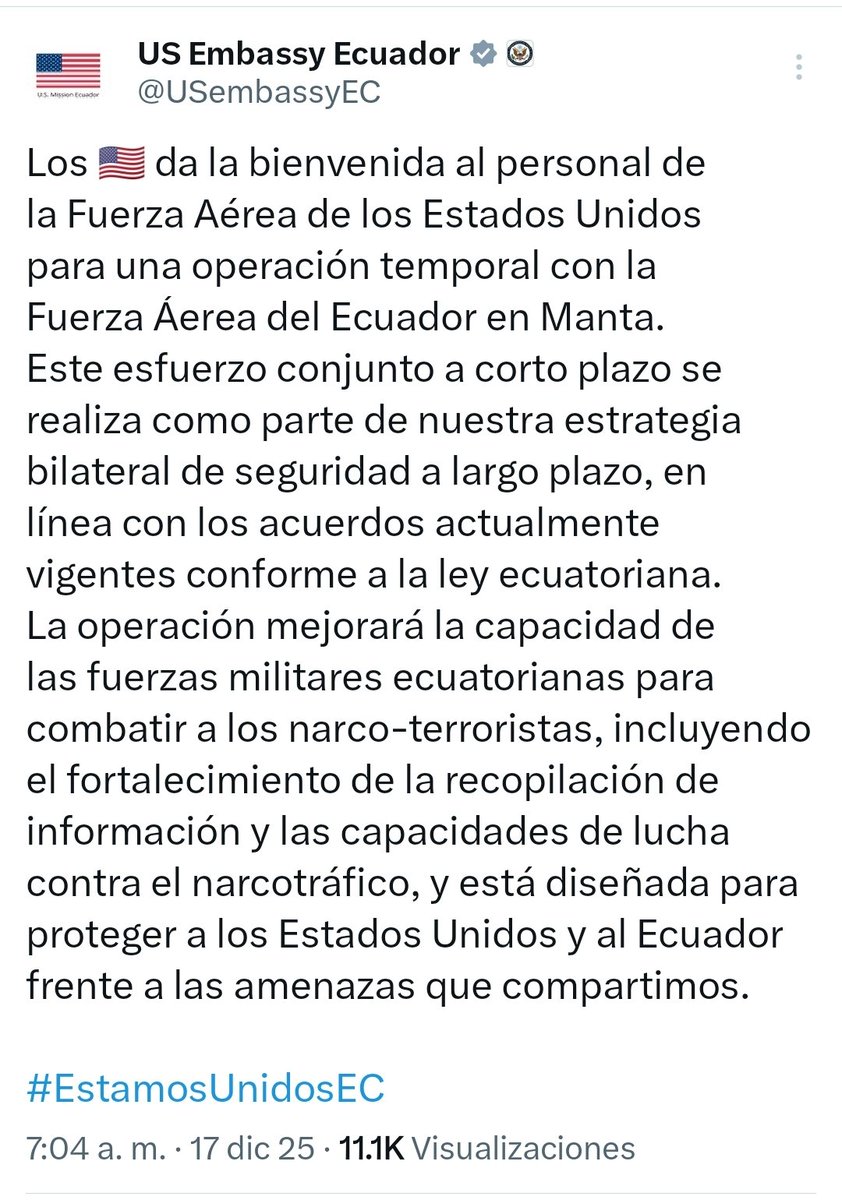 🔴 Estados Unidos anuncia operación aérea en Manta pese al rechazo ciudadano a bases militares extranjeras

La Embajada de Estados Unidos en Ecuador informó sobre una “operación temporal” de personal de la Fuerza Aérea estadounidense junto a la Fuerza Aérea Ecuatoriana en la