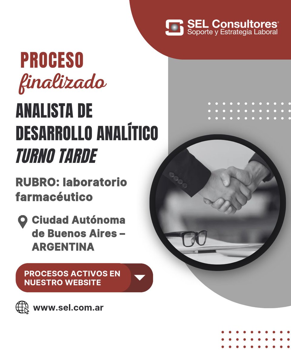 𝗔𝗡𝗔𝗟𝗜𝗦𝗧𝗔 𝗗𝗘 𝗗𝗘𝗦𝗔𝗥𝗥𝗢𝗟𝗟𝗢 𝗔𝗡𝗔𝗟𝗜𝗧𝗜𝗖𝗢 - 𝗧𝗨𝗥𝗡𝗢 𝗧𝗔𝗥𝗗𝗘

Para laboratorio farmacéutico en Ciudad Autónoma de Buenos Aires, Argentina. 

📢 Comunicamos que el proceso ha finalizado.

#selconsultores #trabajo #empleoar #recursoshumanos #buenosaires