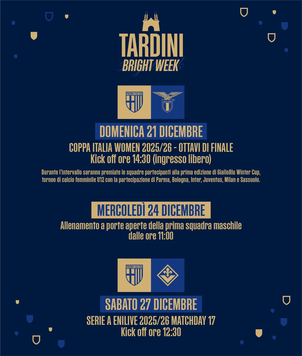 1913parmacalcio's tweet photo. Il mese di dicembre porterà allo stadio Tardini una settimana di iniziative pensate per coinvolgere tifosi, famiglie e appassionati. Tardini Bright Week riunirà attività sportive e momenti di incontro, valorizzando nel periodo natalizio il legame tra il Club, la città e la propria comunità 💛💙

Scopri di più ➡️ https://t.co/zZowMt7ARa

#ForzaParma
