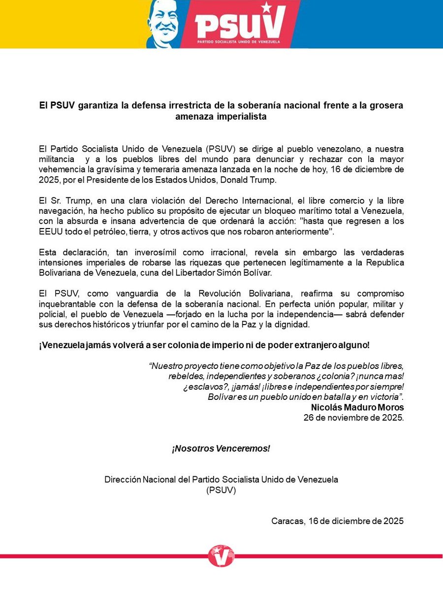 Condenamos la amenaza de Trump de imponer un bloqueo total a los petroleros de Venezuela. Es una agresión ilegal, neocolonial e imperialista contra su soberanía y recursos. Desde Chile, el Socialismo Allendista llama a la solidaridad activa con Venezuela.