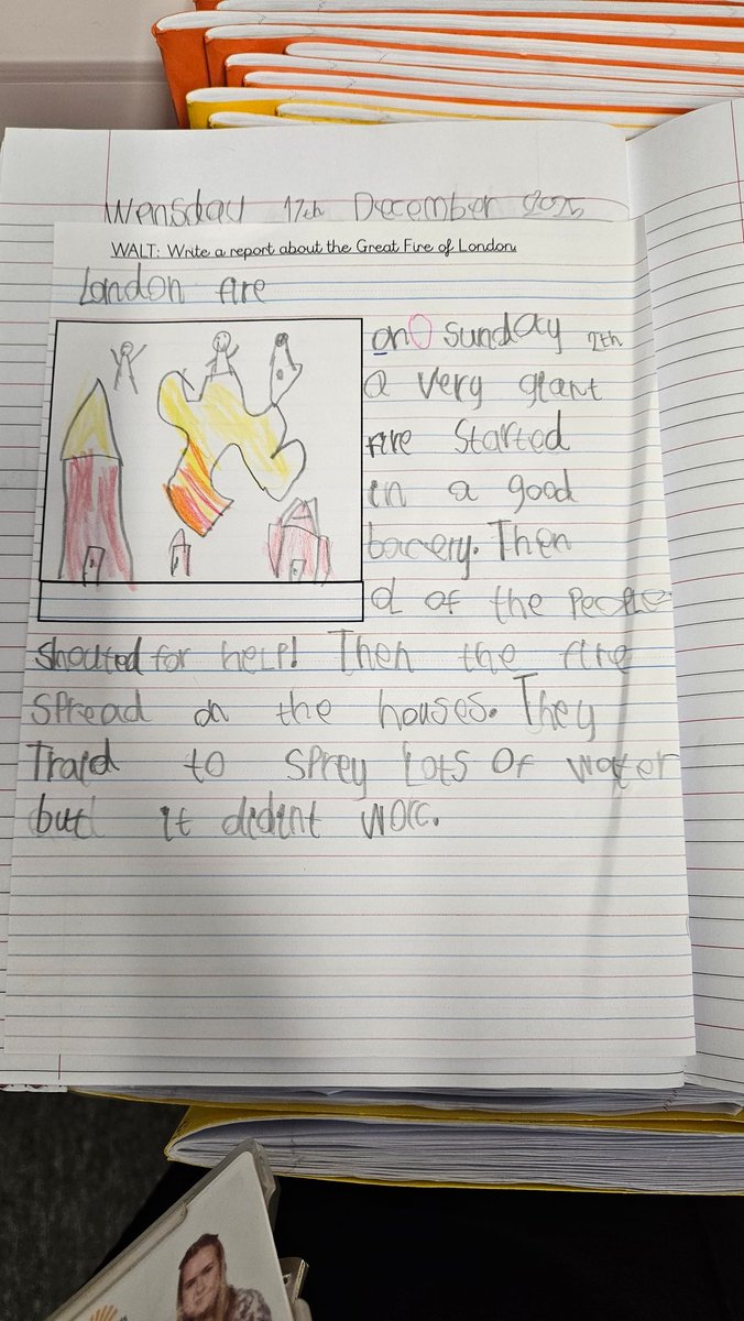 MissWelchT's tweet photo. London's Burning! Some great reports about the Great Fire of London completed by Year 2 today. https://t.co/2SaQS8pE2Q