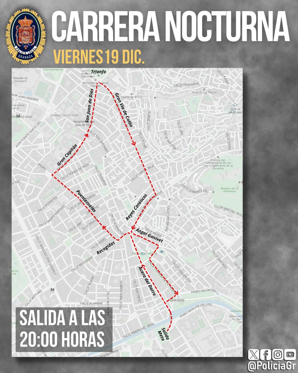 Este viernes 19 se celebra en Granada la #CarreraNocturna.
Desde las 15h. habrá afecciones al tráfico por el corte de Paseo del Violón para el montaje de la infraestructura y las carreras de los peques que comenzarán a las 17:30h.
La prueba de adultos será a las 20h.
Recorrido 👇🏻