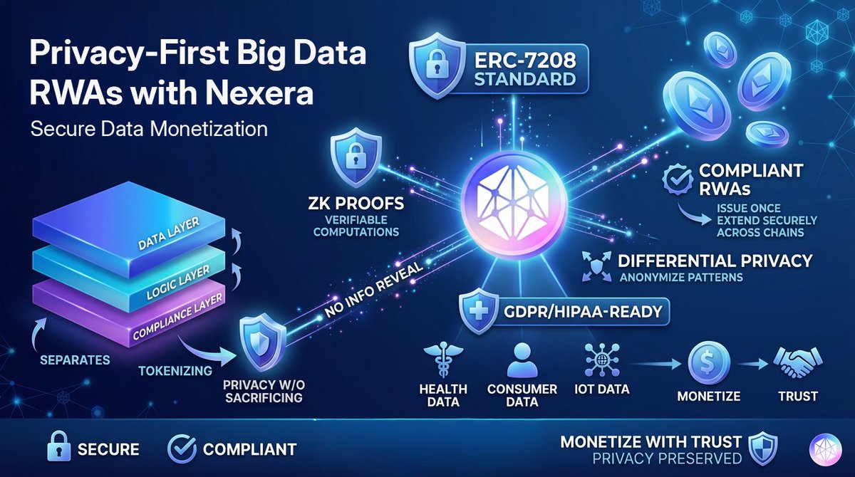 Privacy-First Big Data RWAs with Nexera    

Tokenizing datasets doesn't mean sacrificing privacy. Our ERC-7208 standard separates data, logic, &amp; compliance layers, enabling ZK proofs for verifiable computations without revealing info, and differential privacy to anonymize
