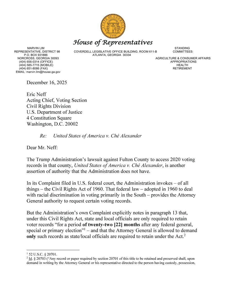 MarvinLimforGA's tweet photo. My letter to the DOJ attorneys asserting authority they don’t have, in filing suit against Fulton County to access 2020 voting records in that county. Citing the Civil Rights Act of 1960 of all things to relitigate (again) a Nov. 2020 election, the Administration demands https://t.co/dbSnZWG7gi