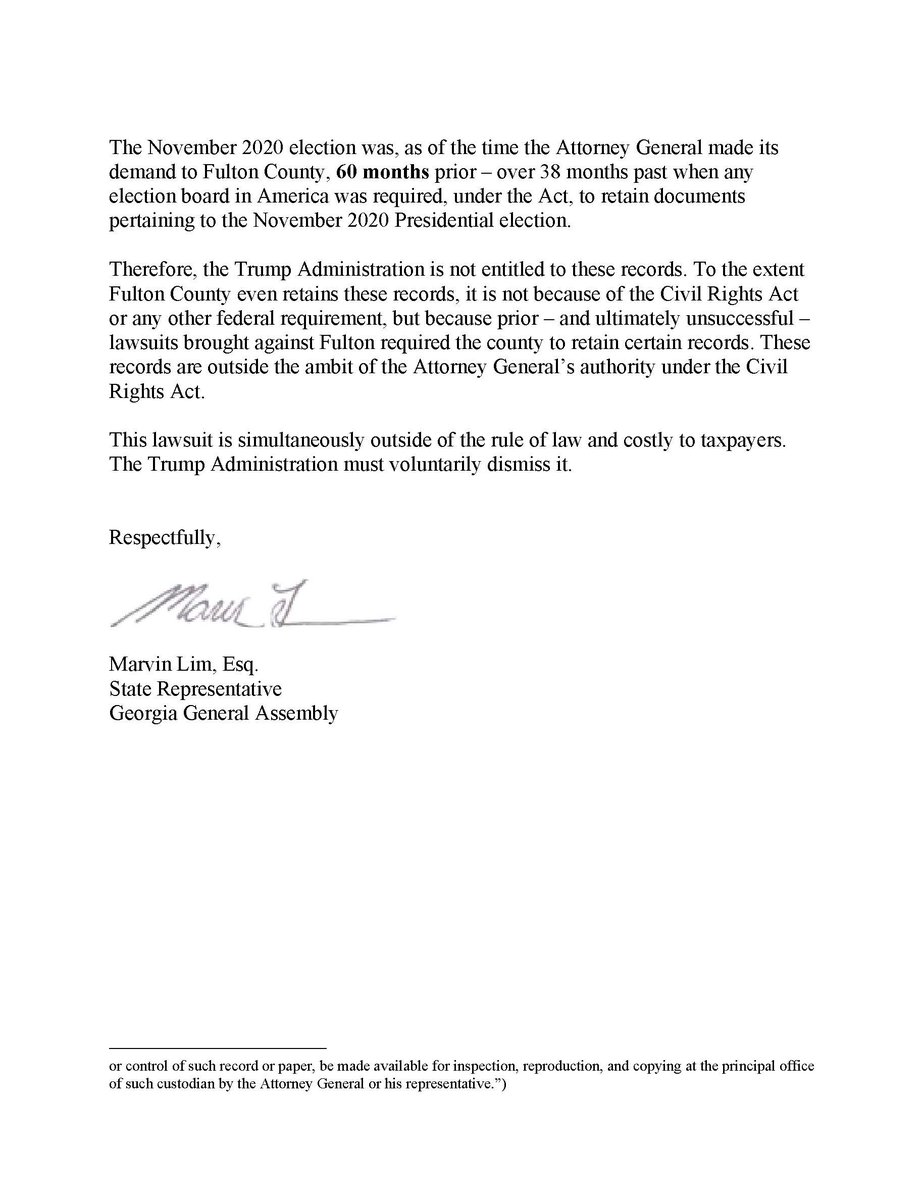 MarvinLimforGA's tweet photo. My letter to the DOJ attorneys asserting authority they don’t have, in filing suit against Fulton County to access 2020 voting records in that county. Citing the Civil Rights Act of 1960 of all things to relitigate (again) a Nov. 2020 election, the Administration demands https://t.co/dbSnZWG7gi