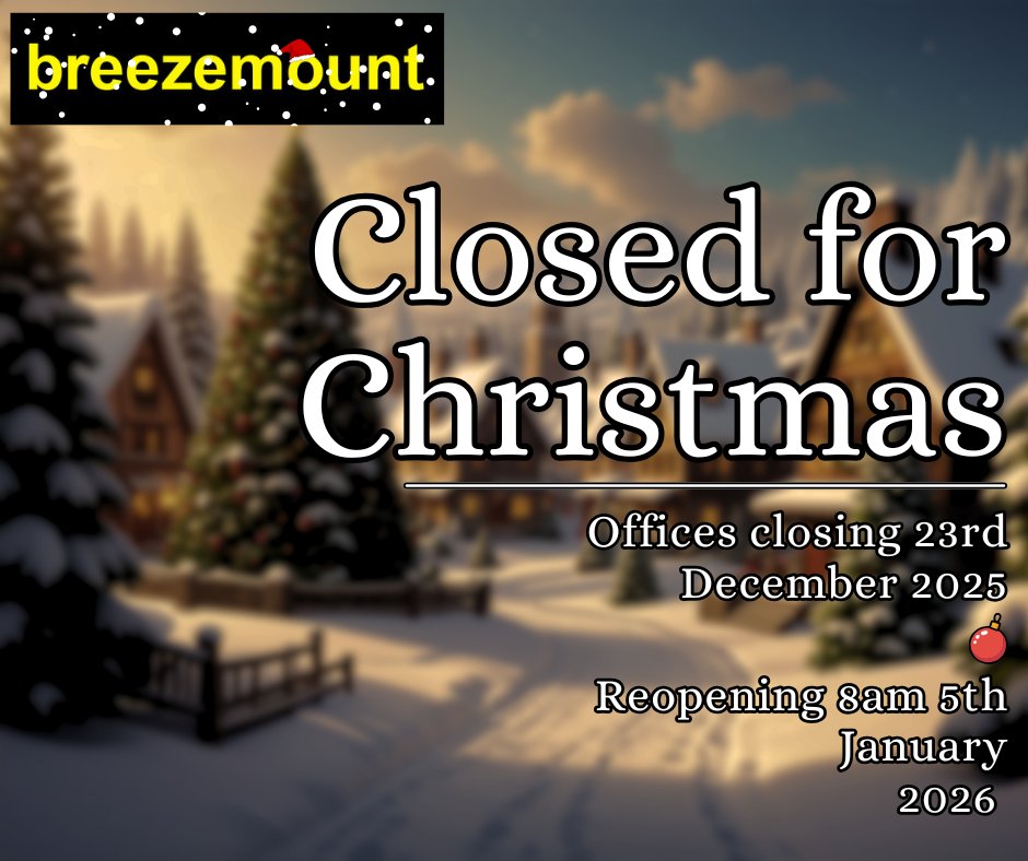 The Breezemount offices will be closing Tuesday 23rd December 2025 and will re-open 8:00 on Friday 2nd January 2026.  

A very Merry Christmas and a Happy New Year from all of us at Breezemount! 🎄 

#merrychristmas #merrychristmas2025 #HappyNewYear #HappyNewYear2026
