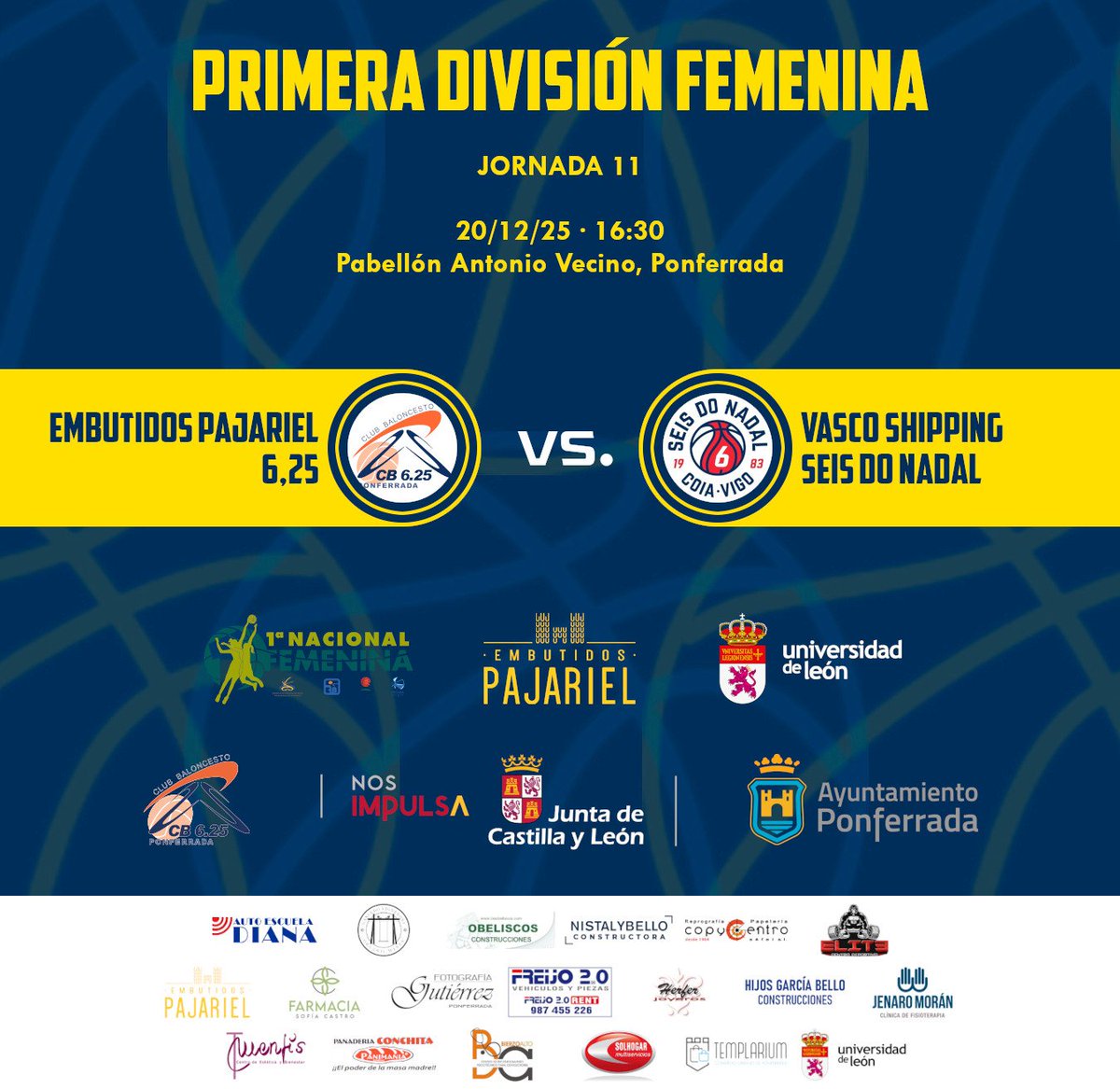 🏀 #PrimeraFemenina
Reto mayúsculo para despedir el año. El Embutidos Pajariel 6,25 recibe este sábado al líder indiscutible y único equipo invicto del grupo.
📅 20/12 🕟 16:30
🆚️ <a href="/CBSeisNadalCoia/">Seis do Nadal - Coia</a>
📍 Pab. Antonio Vecino, Ponferrada
#CB625 #SomosAmarillos