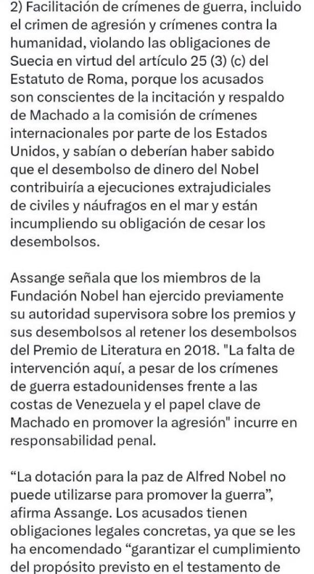 ¿Sabías que Julián Assange ha presentado una denuncia penal contra 30 miembros de la Fundación Nobel por el premio "de la Paz" a María Corina Machado? 🔥

#ULTIMAHORA #PRELEMI #oriele #donnalisi