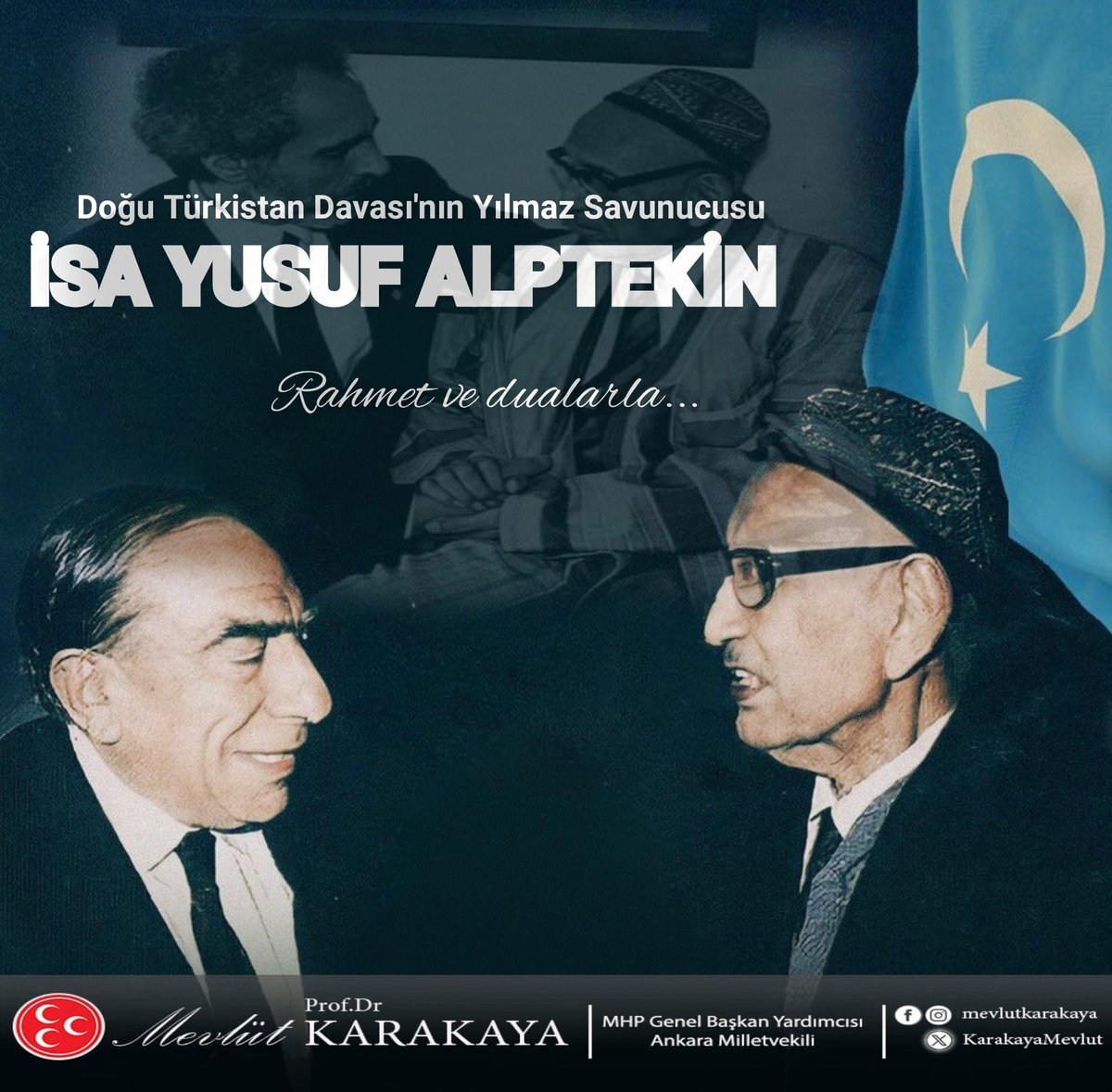 #İsaYusufAlptekin
Doğu Türkistan davasını bir ömür boyu omuzlarında taşıyan, istikametinden zerre sapmayan büyük dava adamı İsa Yusuf Alptekin’i vefatının yıl dönümünde rahmet, minnet ve dualarla yâd ediyorum.
Ruhu şâd, mekânı cennet olsun.