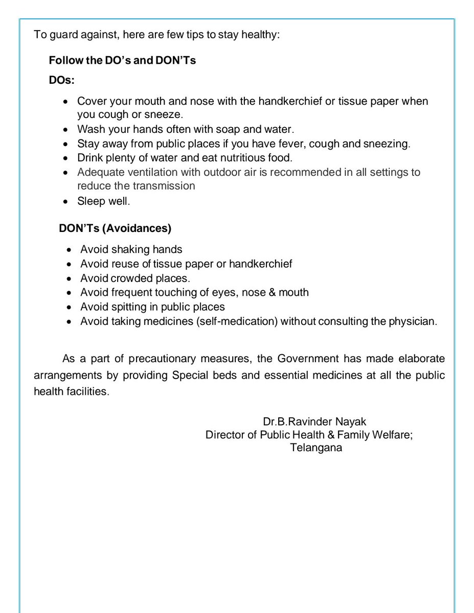 #Hyderabad:

#Telangana Health Dept alerts on rise in #seasonalflu due to #dryweather &amp; falling #temperatures. 

#Fever, #cough, and #sorethroat are common #symptoms. 

High-risk groups should consult a #doctor early.

Follow hygiene, avoid crowds &amp; don’t self-medicate.
