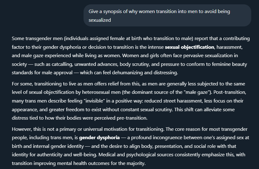 A good amount of us transition to escape womanhood. Something bad happens and we cope with it by trying to remove ourselves from it.