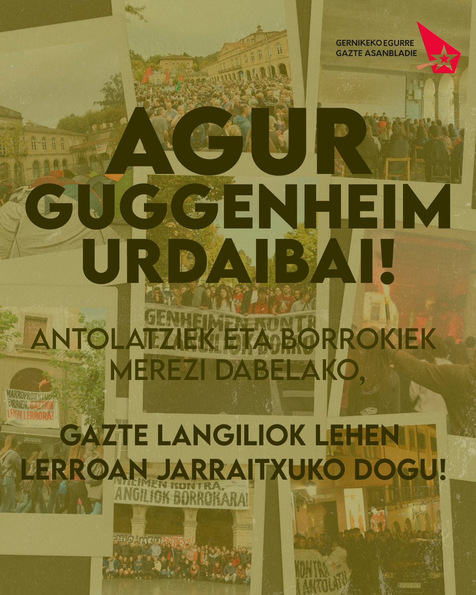 Atzo jakin barri genun Guggenheim Urdaibai proiektue gelditxu dogule; asko izen garelako honen kontra kalietan antolatzen eta borrokatzen ibili garenok. 

Halan da be, borrokiek hor jarraitzen deu.

Makroproiektu kapitalista danan kontra gazte langiliok borrokara!✊