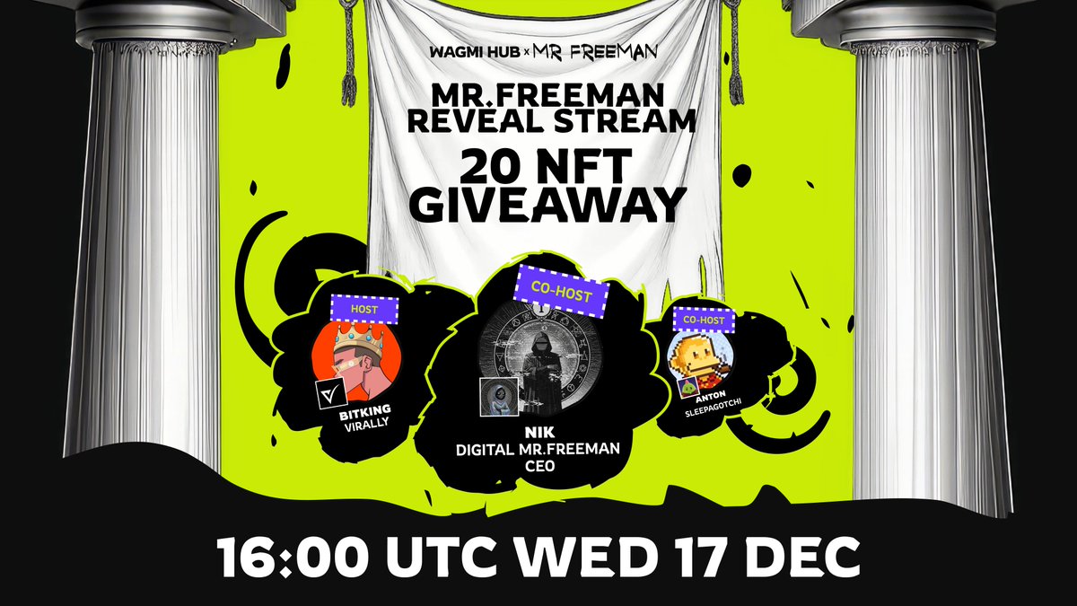 MrFreeman0's tweet image. NFT Reveal in Real Time

Onchain reveal: 17 UTC
Live broadcast: 16–18 UTC
With our friends: @sleepagotchi, @BitKing_1, @WagmiHub

Collection breakdown, art details, live reactions, NFT giveaways

Be part of the reveal!