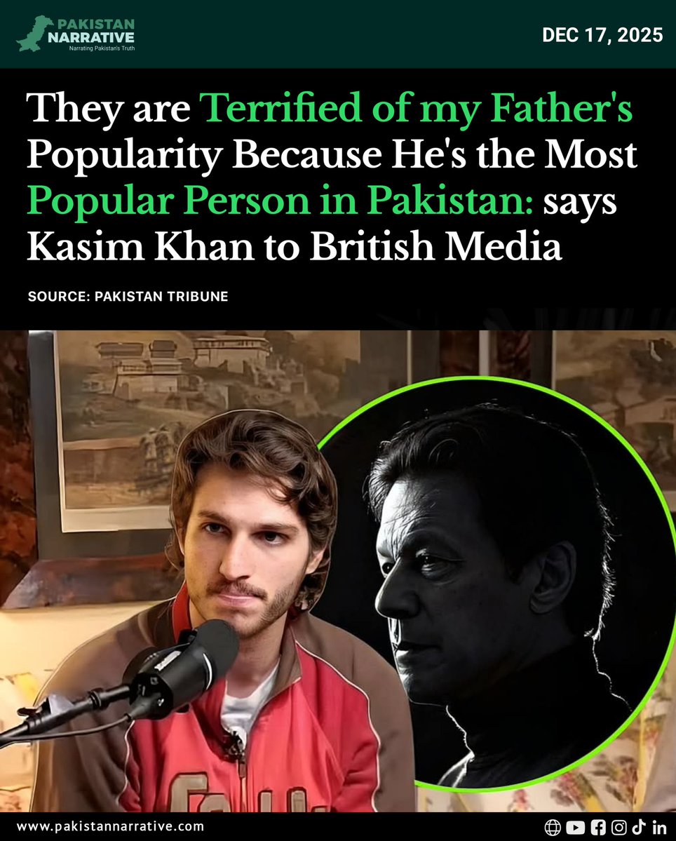 Speaking to British media, Kasim Khan said his father’s continued imprisonment is driven by fear of his widespread public support across Pakistan.

He claimed that Imran Khan remains the country’s most popular political figure, and that authorities are worried they would not be