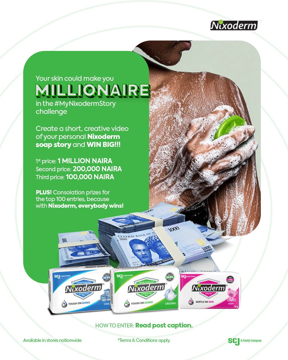 nixodermng's tweet photo. Turn your glow-up into a cash-out and become a Millionaire in the #MyNixodermStory Challenge!

HOW TO PARTICIPATE 
- Ensure you are following Nixoderm Soap pages on any of their platforms https://t.co/iAVW3tPaFG