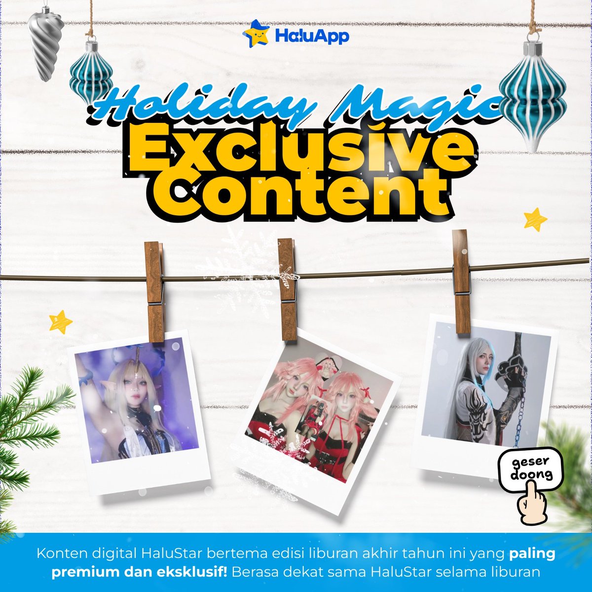 HaluAppOfficial's tweet photo. 🎁✨ Holiday Magic Pack is HERE! ✨🎁

Akhirnya paket paling ditunggu buat menyambut liburan kali ini datang juga
Mau konten digital HaluStar bertema edisi liburan akhir tahun ini, tapi yang premium dan eksklusif?

Tenanggg Holiday Magic Pack ini udah lengkap banget buat kalian yang pengen ngerasa dekat sama HaluStar selama liburan. 🎁💙