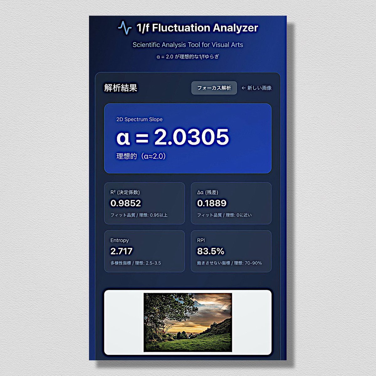 xMasaxv's tweet photo. GM☕️✨

I’m currently developing a new tool that enables 2D analysis of 1/f fluctuations.
Unlike conventional 1D methods commonly used in research and academic papers, this approach provides more accurate analysis, offers new perspectives, and expands possibilities beyond traditional methods.
Still a work in progress, but promising results so far.

現在、1/fゆらぎを2次元的に解析できる新しいツールを開発しています。
研究や学術論文で一般的に用いられてきた従来の1次元解析手法とは異なり、このアプローチはより高精度な解析を可能にし、新たな視点を提供するとともに、従来手法を超えた可能性を広げるものです。
まだ開発途中ではありますが、これまでのところ非常に有望な結果が得られています。

#1fFluctuation #SignalAnalysis #DataScience