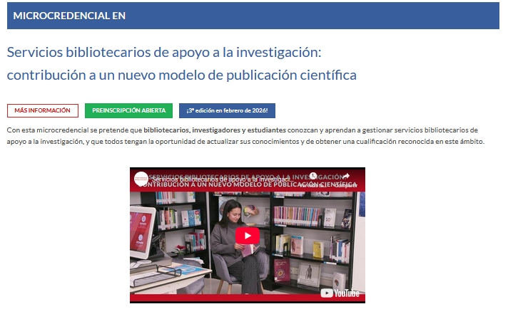 Servicios bibliotecarios de apoyo a la investigación. 
El próximo 09/02/2026 dará comienzo la 3ª ed. de la Microcredencial Universitaria, Servicios bibliotecarios de apoyo a la investigación: contribución a un nuevo modelo de publicación científica. 
bibliotecas.usal.es/microcredencia…