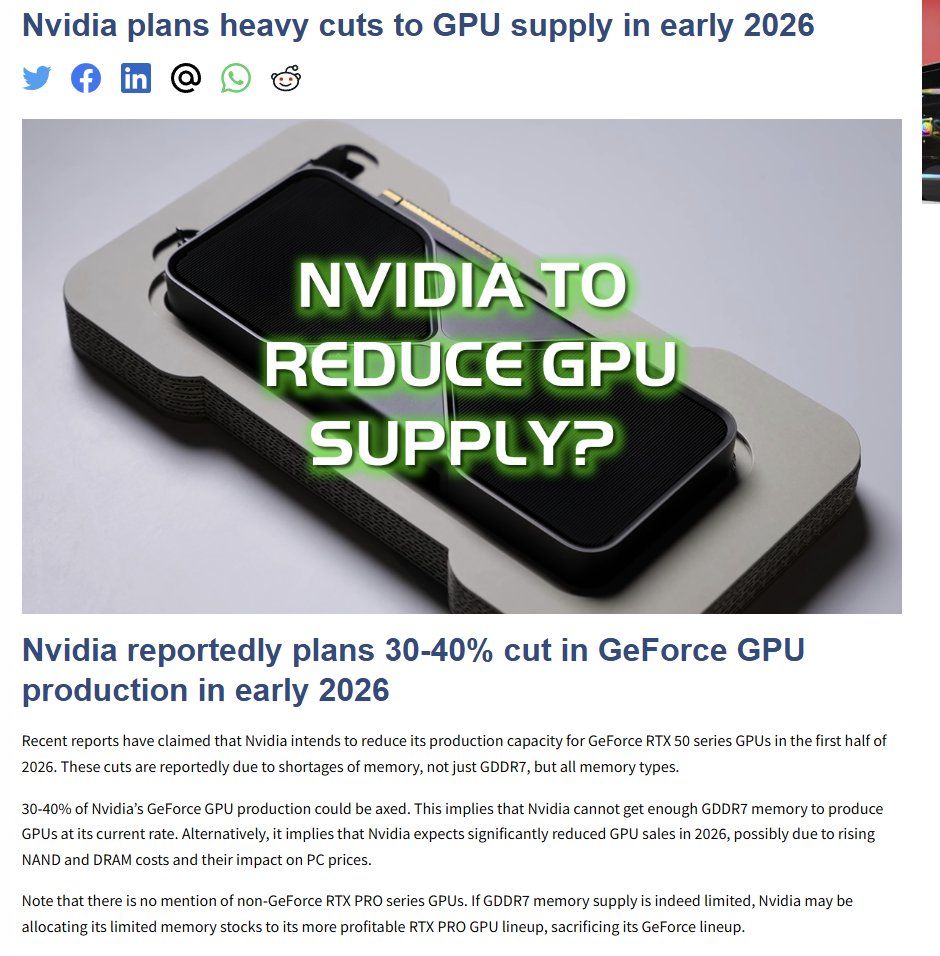 LuvMeVidya's tweet photo. Reports are coming in that Nvidia is cutting 50 series GPU production by 30-40% for the first half of 2026.
They can't get their hands on enough memory to maintain current production levels.

It's looking really bad for PC gaming. https://t.co/9TDx9zSUo9