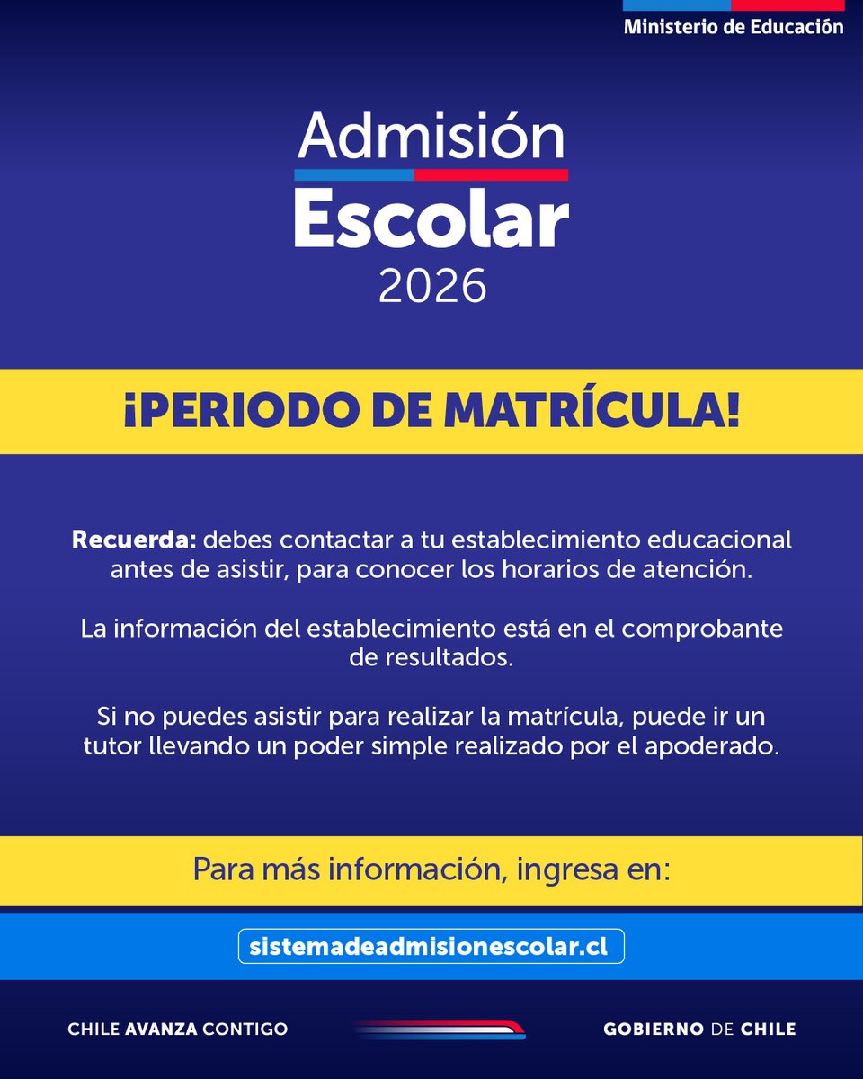 Recuerda, ¡la matrícula es presencial! El periodo continúa hasta el 23 de diciembre y debes ir al establecimiento en el que quedaste seleccionado.

Más información en sistemadeadmisionescolar.cl