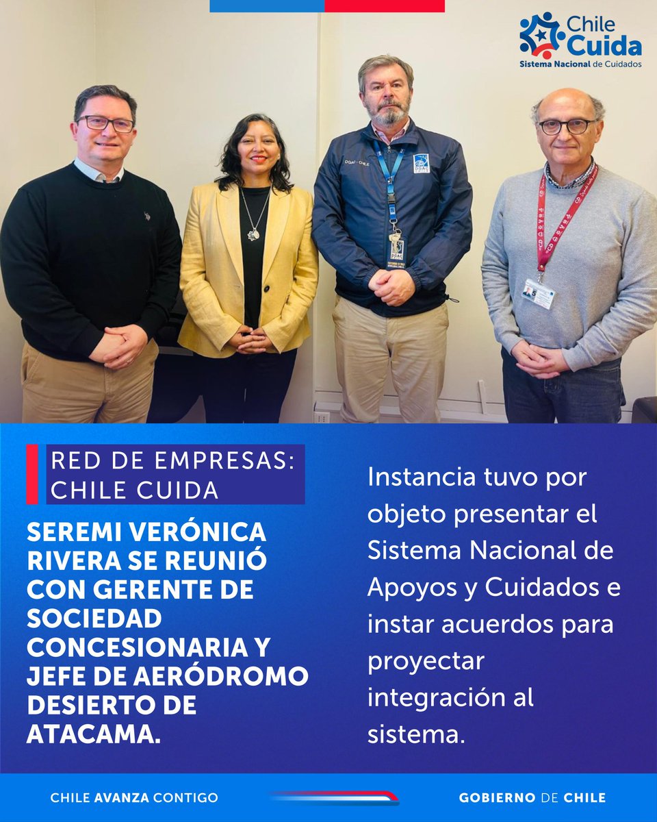Con el objetivo de presentar el Sistema #ChileCuida y #RedDeEmpresas; nuestra Seremi Verónica Rivera, se reunió con el Gerente Sociedad Concesionaria, Alfredo López; el Jefe de aeródromo Desierto de Atacama, Winston Rowlands y encargado Asesoría Inspección Fiscal, Jorge Alcerreca