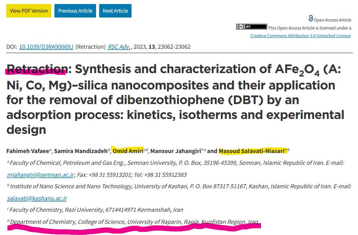 Gymnopusaquosus's tweet image. Another retraction for #papermill #fraud Masoud Salavati-Niasari! This fraud is/was an editor for many
@ElsevierConnect
journals where he acted as a corrupt editor for his paper mill friends. This time @RoySocChem
retracted his fictional work.
pubs.rsc.org/en/content/art…