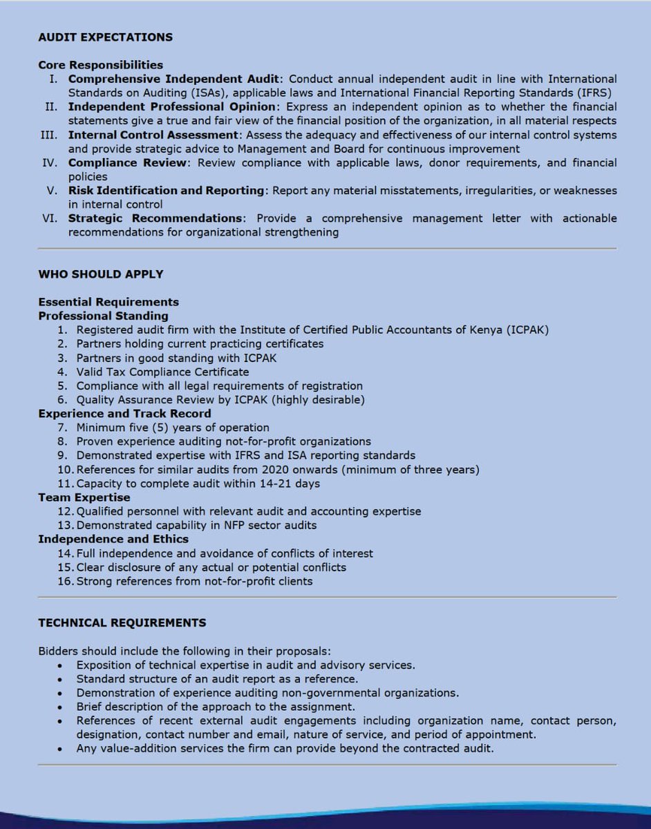 Mwarpkenya's tweet photo. 📢 REQUEST FOR PROPOSAL (RFP): EXTERNAL AUDIT SERVICES

@Mwarpkenya invites qualified and experienced audit firms to submit proposals for the provision of External Audit Services.

#Audit firms that meet the required professional #qualifications, #experience, and statutory #requirements are encouraged to apply.

Interested firms are kindly requested to review the attached documents for:
Full details of the audit #opportunity
Required qualifications and #eligibility criteria
#Scope of work
Submission guidelines and application #deadline

Only #proposals that comply with the outlined requirements and are submitted within the stated timeline will be considered.

We encourage eligible audit firms to take advantage of this opportunity and submit their proposals in line with the provided instructions.

MWARP assures all applicants that this process will be conducted with the highest standards of #transparency, #fairness, and #inclusion, providing equal #opportunity to all eligible firms. Only proposals submitted in line with the stated requirements and within the specified timeline will be considered. MWARP remains committed to #accountability and good #governance throughout this process.

#IkoKaziKE #auditservices #GoodGovernance #MWARPImpact