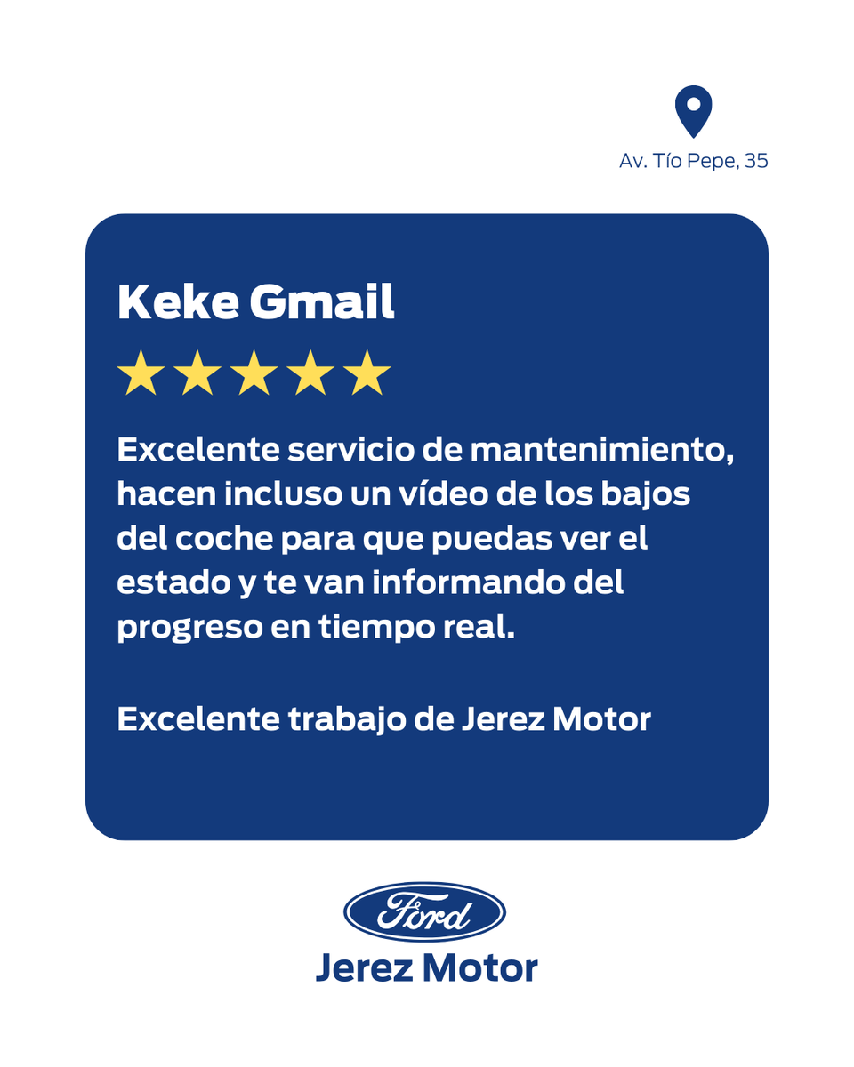 JerezMotor's tweet photo. La transparencia y la confianza marcan la diferencia. 🙌

⭐️⭐️⭐️⭐️⭐️

Gracias por valorar nuestro servicio de mantenimiento y el trabajo de todo el equipo de Jerez Motor. 🚘💙

#JerezMotor #FordService #ClientesFelices #Opiniones #Jerez #FordJerez https://t.co/kieyoCFlTs