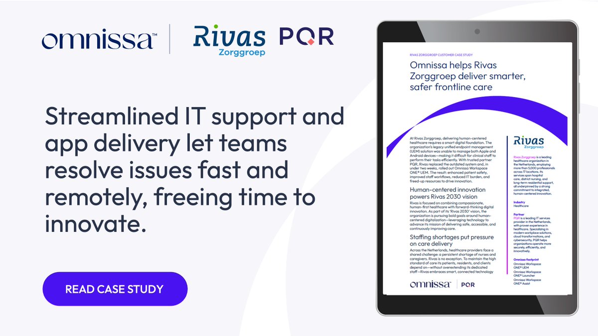 WorkspaceONE's tweet image. Rivas Zorggroep rolled out Omnissa #WorkspaceONE in record time. ⏱️

The result? A unified device experience that supports clinicians wherever they are, with quick remote support &amp;amp; zero complexity for staff. See how care teams thrive with the right tools. bit.ly/4pty07d