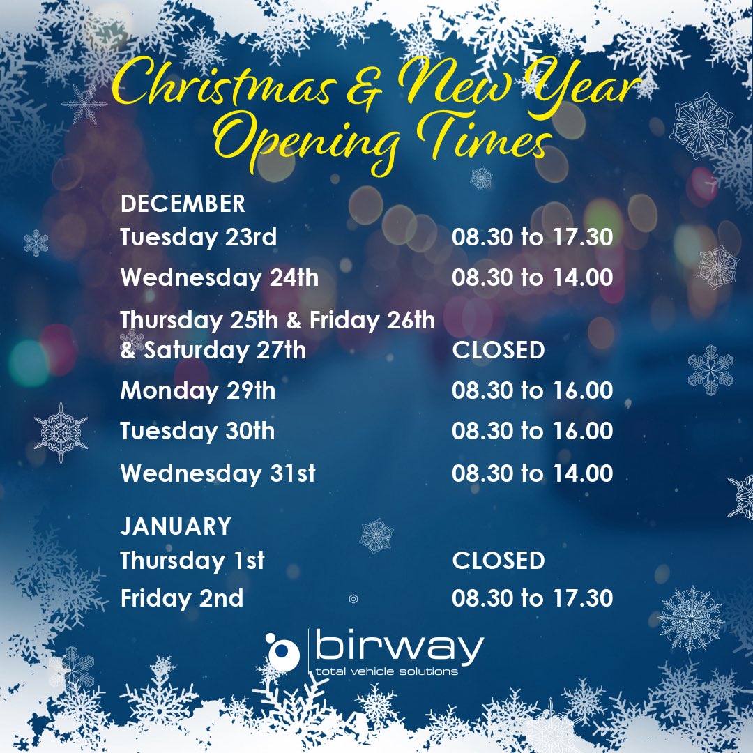 🎄 Christmas Opening Hours at Birway 🎄

We’d like to thank everyone for their continued support throughout the year and wish you a very Merry Christmas and a Happy New Year! 🎅🎁

📞 01902 609 579
✉️ info@birway.co.uk
🌐 birway.co.uk

#Birway #ChristmasOpeningHours