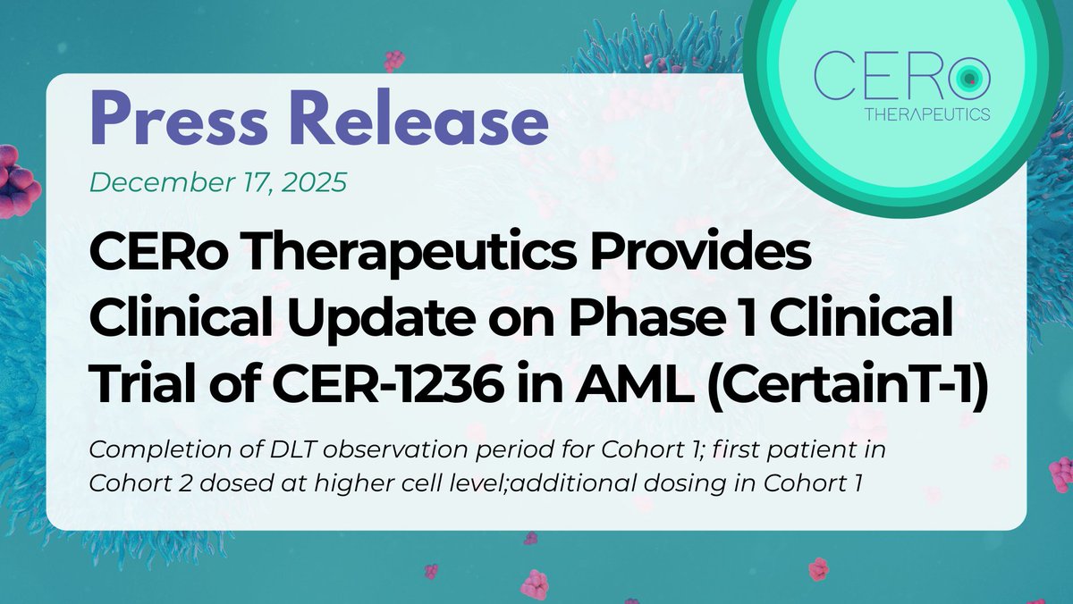 $CERo announces recent advances to the CertainT-1 #clinicaltrial that is focused on patients with #acutemyeloidleukemia (#AML).

Full press release here: bit.ly/4s22sr1

#CERo #ClinicalTrials