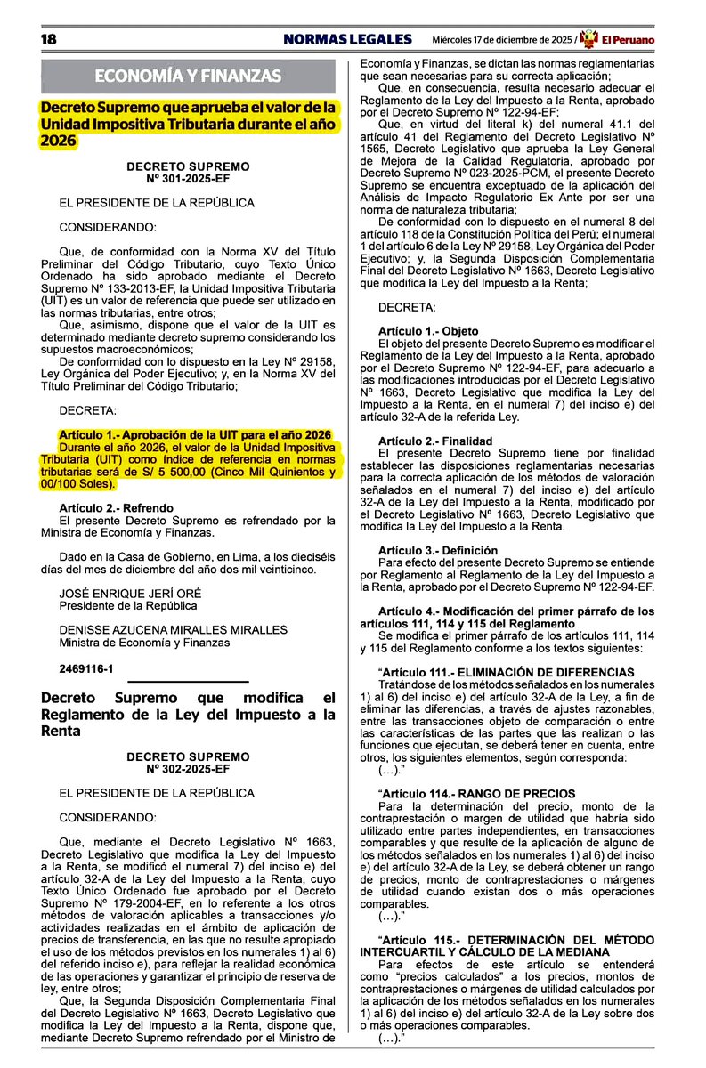 🟢 Nueva UIT para el año 2026.
El valor de la Unidad Impositiva Tributaria (UIT) como índice de referencia en normas tributarias será de S/5,500 (Cinco Mil Quinientos Soles).