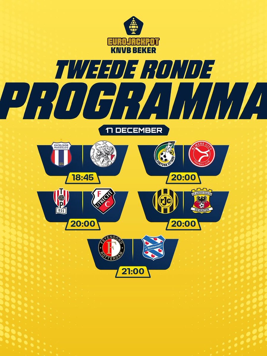 📆 PROGRAMME DU JOUR 👇

🏆 18h45 : Excelsior Maassluis 🆚 AFC Ajax
📺 ESPN 2 🇳🇱

🏆 20h : Roda JC Kerkrade 🆚 Go Ahead Eagles
📺 ESPN 1 - Multiplex 🇳🇱

🏆 20h : Fortuna Sittard 🆚 Almere City FC
📺 ESPN 1 - Multiplex 🇳🇱

🏆 20h : TOP Oss 🆚 FC Utrecht
📺 ESPN 1 - Multiplex 🇳🇱