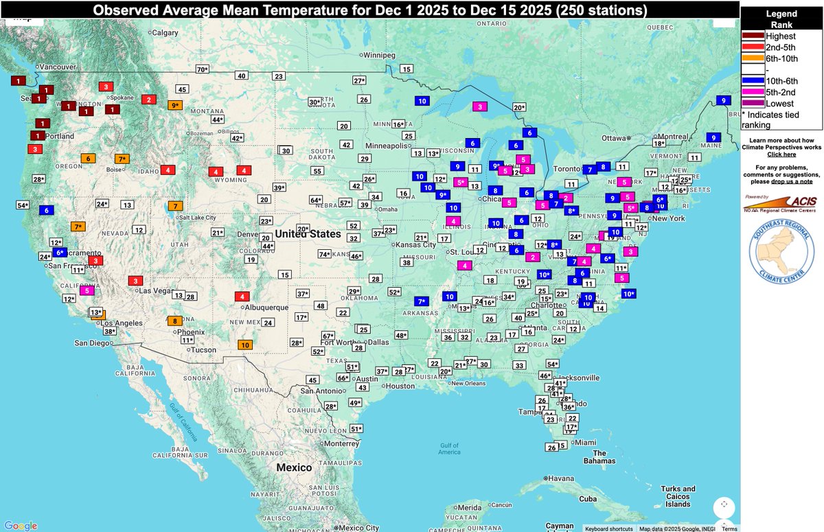 wxjerdman's tweet image. Quite a contrast...

Warmest first half of December on record in Pacific NW, including #Seattle and Portland. 

Among top 10 coldest first halves of December in the Midwest and parts of the East, including Cleveland, Pittsburgh. 

(Data: @SERCC)