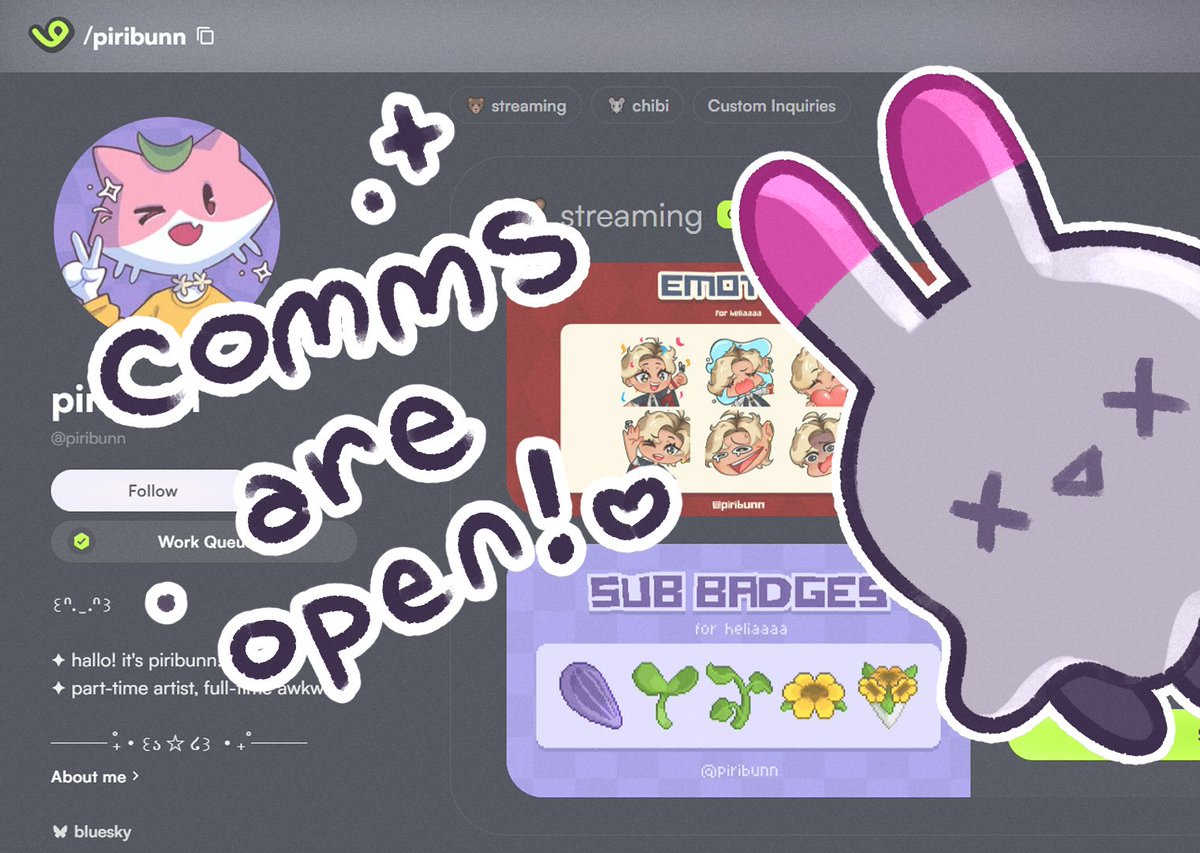 COMMISSIONS OPEN 🌟
【 🔁 &amp;❤️ RTS are highly appreciated! 】

hallo! I'm finally on VGen with chibis, emotes, &amp; badges ꒰ᐢ. ̫ .ᐢ꒱ feel free to send me a request~!

thank you!