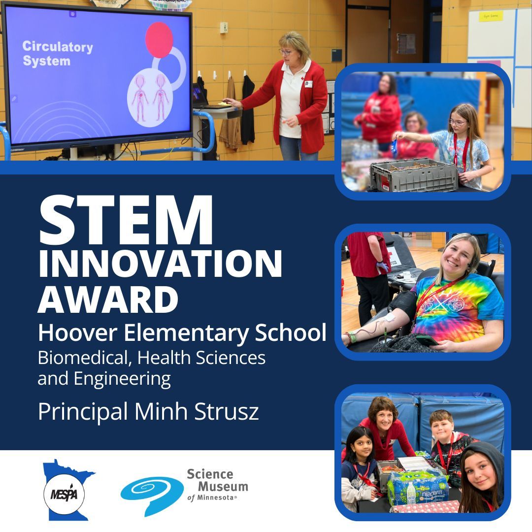 MESPAprincipals's tweet photo. 🏆 Hoover Elementary wins 2026 STEM Innovation Award, presented with the @sciencemuseumMN! Collaborating with the @mnredcross to turn learning about the circulatory system into real-world, life-saving impact. ❤️🧬
#STEMInnovation #MESPA @AHSchools
https://t.co/0ETGTHPLW3 https://t.co/XBKvNZBNwV