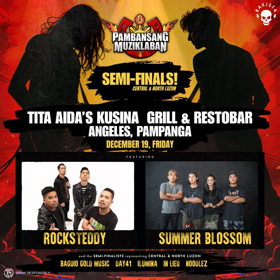 Central &amp; North Luzon, game na ? 📷
Magkita kita tayo sa Tita Aida's Kusina Grill and Restobar, Angeles Pampanga this December 19, 2025 para sa Central &amp; North Luzon Semi-Finals kasama ang Rocksteddy at Summer Blossom.
LIBRE ang gig! Dalhin ang buong repa! Sino kaya sa mga Semi