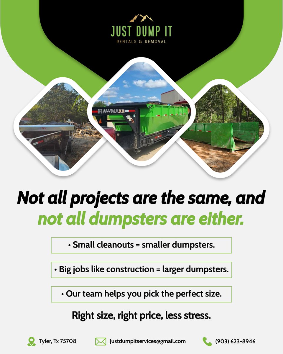 _JustDumpIt's tweet image. Not all projects or dumpsters are the same.
Small cleanouts need smaller bins. Big construction jobs need larger ones.

We help you choose the right size for the right price. Less stress, guaranteed. 🚛

#JustDumpIt #DumpsterRental #CleanupMadeEasy