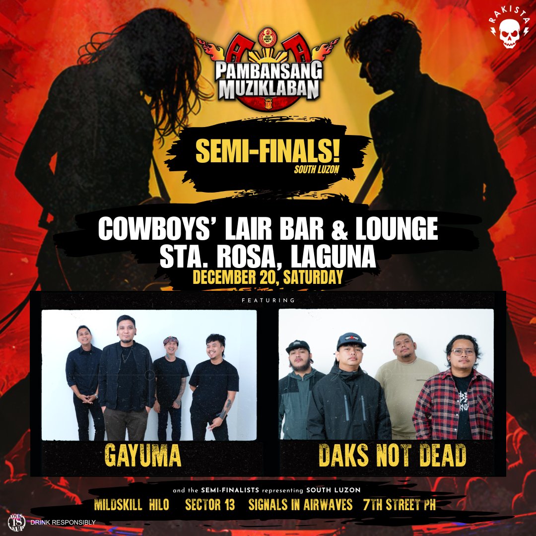 South Luzon, kayo naman!📷
Sugod na sa Lake Harbor Grill and Restobar, Tanauan, Batangas this December 20, 2025 para sa South Luzon Semi-Finals kasama ang Daks Not Dead at Gayuma.
Libre ang event - rak en rol hanggang dulo ! Sino kaya sa South Luzon Semi-Finalists ang lalaban sa