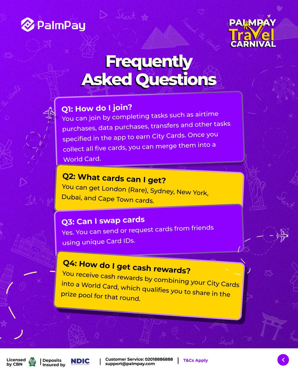 palmpay_ng's tweet image. Ready to explore the world with PalmPay?

Join the PalmPay Travel Carnival, complete simple tasks, collect City Cards, merge them into a World Card, and unlock free travel and a share of the ₦400 million cash prize pool. 

Swipe to see how to join, the cards you can collect, the…