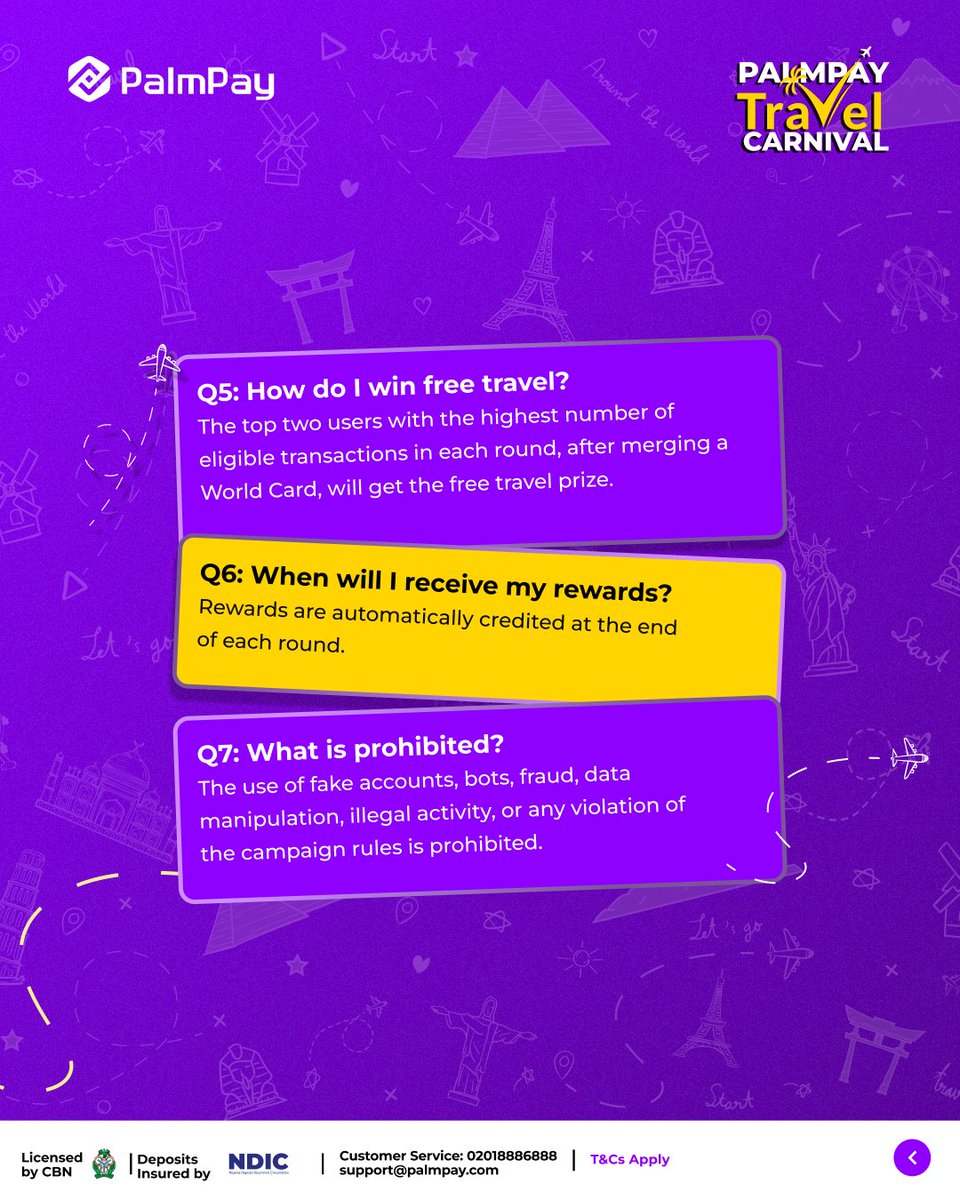 palmpay_ng's tweet image. Ready to explore the world with PalmPay?

Join the PalmPay Travel Carnival, complete simple tasks, collect City Cards, merge them into a World Card, and unlock free travel and a share of the ₦400 million cash prize pool. 

Swipe to see how to join, the cards you can collect, the…