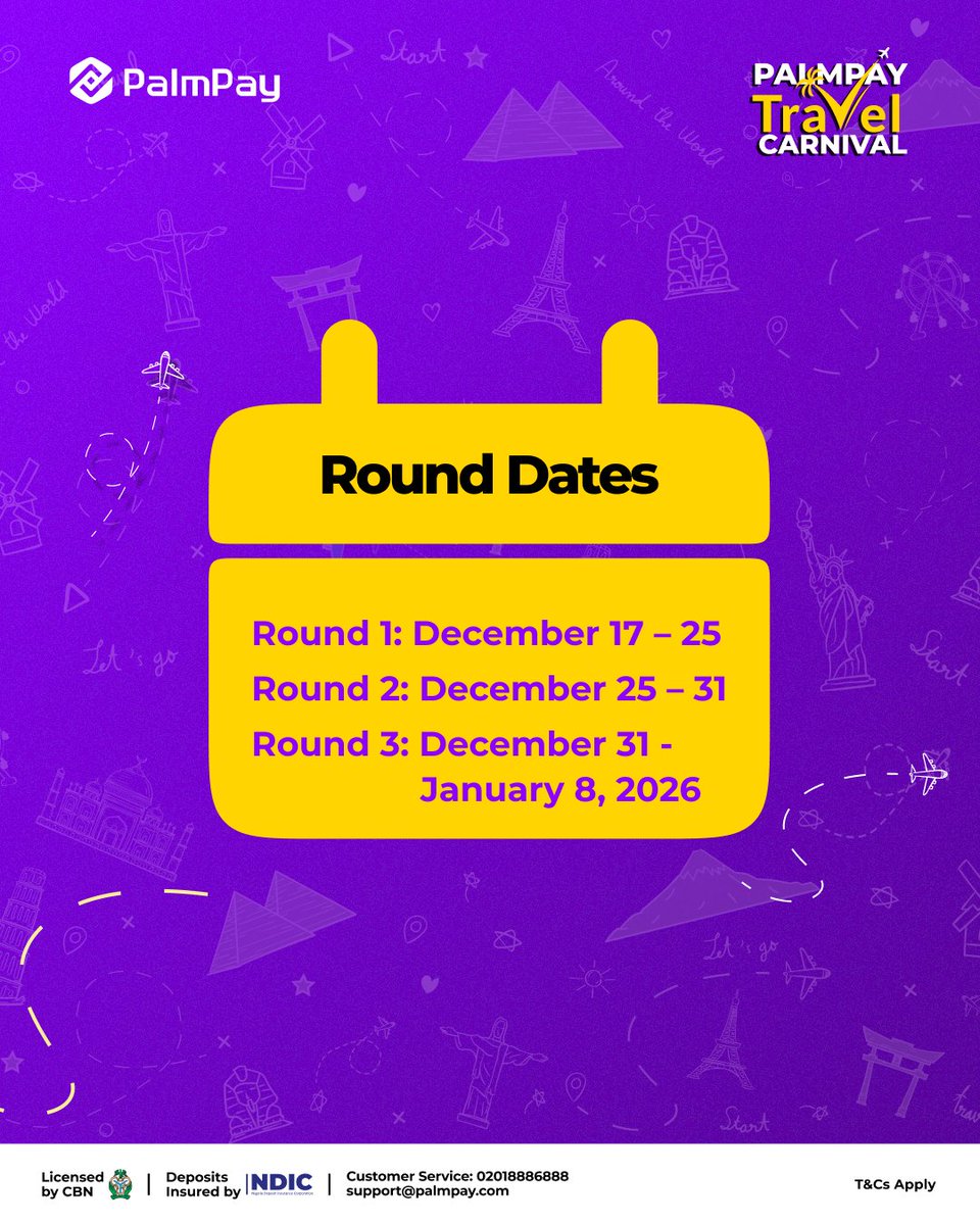 palmpay_ng's tweet image. Ready to explore the world with PalmPay?

Join the PalmPay Travel Carnival, complete simple tasks, collect City Cards, merge them into a World Card, and unlock free travel and a share of the ₦400 million cash prize pool. 

Swipe to see how to join, the cards you can collect, the…