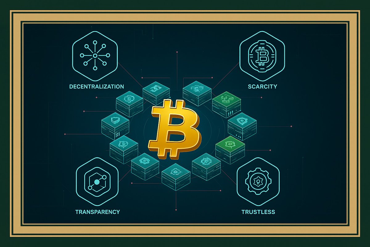 nexspecto's tweet photo. Bitcoin’s Core Principles  
- Decentralization: No single authority controls it  
- Scarcity: Only 21M coins will ever exist  
- Transparency: Every transaction is on a public ledger  
- Trustless: Code replaces intermediaries

#Bitcoin #CorePrinciples https://t.co/PPj4wkYQwV