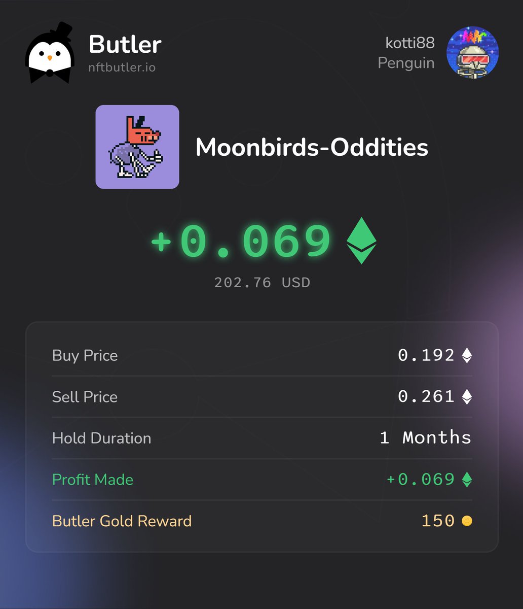 0.069 Ξ profit on a single trade 💰📈

Sharing my best Flip this month to get fat stacks of 150 Butler Gold 🟠
Stacking profits is so much easier with NFT Butler!🐧

#NFT #NFTCommunity #NFTButler

nftbutler.io