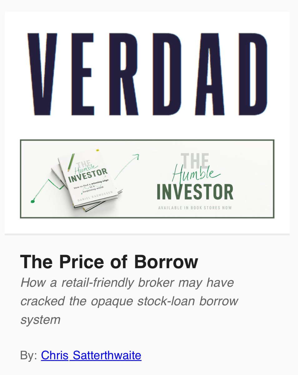Very interesting piece from <a href="/verdadcap/">Dan Rasmussen</a> last week about the price of borrow. 

They find that <a href="/IBKR/">Interactive Brokers</a> borrow rates tend to be slightly lower (or at least competitive with) big-bank prime brokers. 

That is amazing for retail investors and smaller funds. UI/UX aside, $IBKR is a