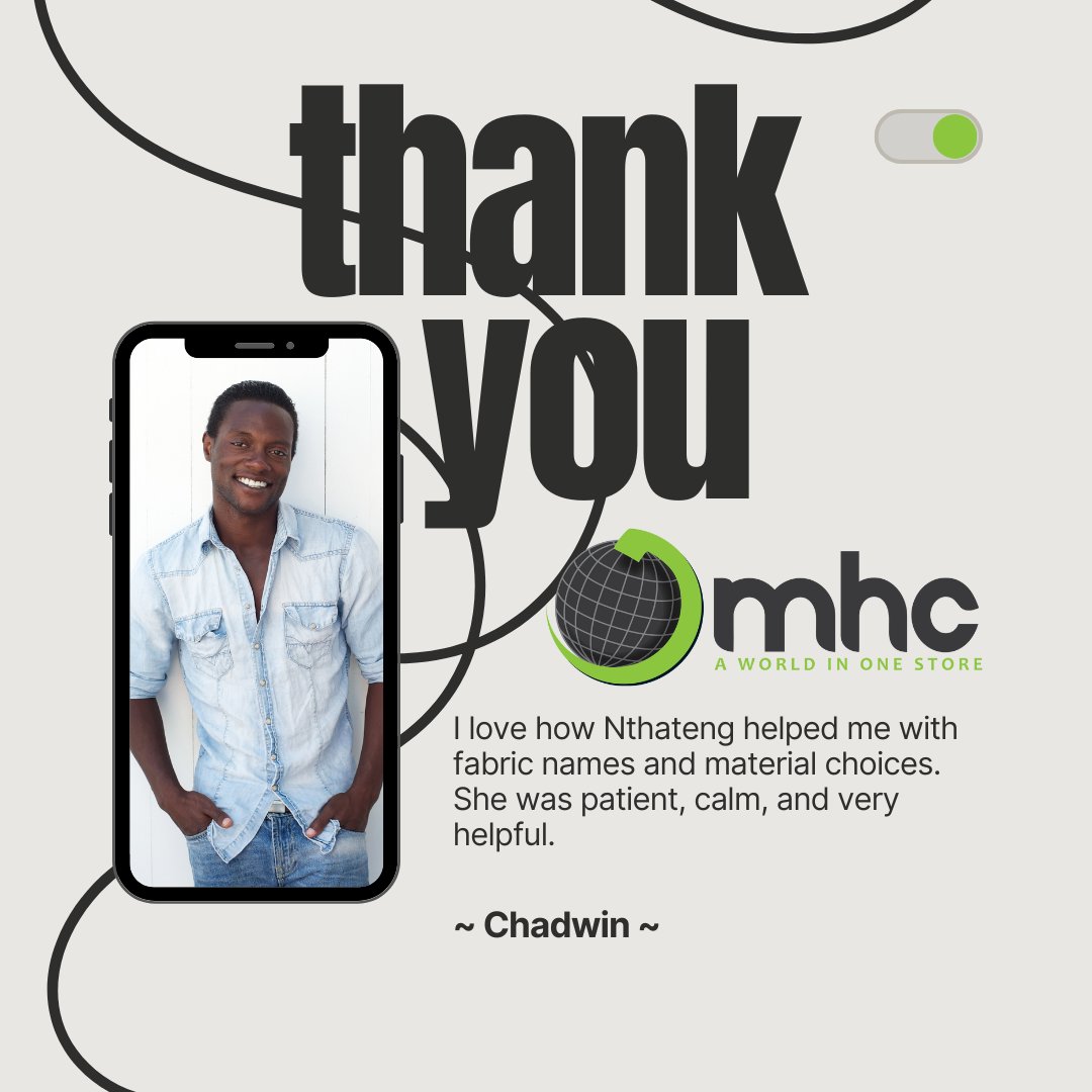 MHCworld1's tweet image. Chadwin appreciated Nthateng at MHC World for her clear guidance on fabric names and material options, as well as her calm and patient approach throughout the process.

Thank you, Chadwin, for sharing your experience.

#CustomerAppreciation #ProfessionalService