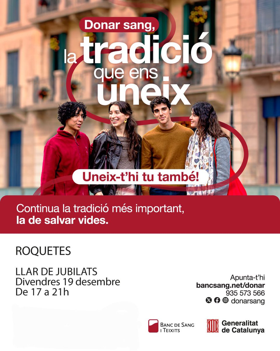🎁 𝐴𝑄𝑈𝐸𝑆𝑇 𝑁𝐴𝐷𝐴𝐿 𝑅𝐸𝐺𝐴𝐿𝐴 𝑉𝐼𝐷𝐴 ❤️

📣 <a href="/donarsang/">Banc de Sang</a> t’espera a #Roquetes❗️

𝐥𝐚 𝐓𝐑𝐀𝐃𝐈𝐂𝐈𝐎́
𝐪𝐮𝐞 𝐞𝐧𝐬 𝐔𝐍𝐄𝐈𝐗
🫂✨

📆 Divendres 1⃣9⃣ desembre
⏰ De 17.00h a 21.00h
📍 Llar de Jubilats #CentreCívic

#EtNecessitem