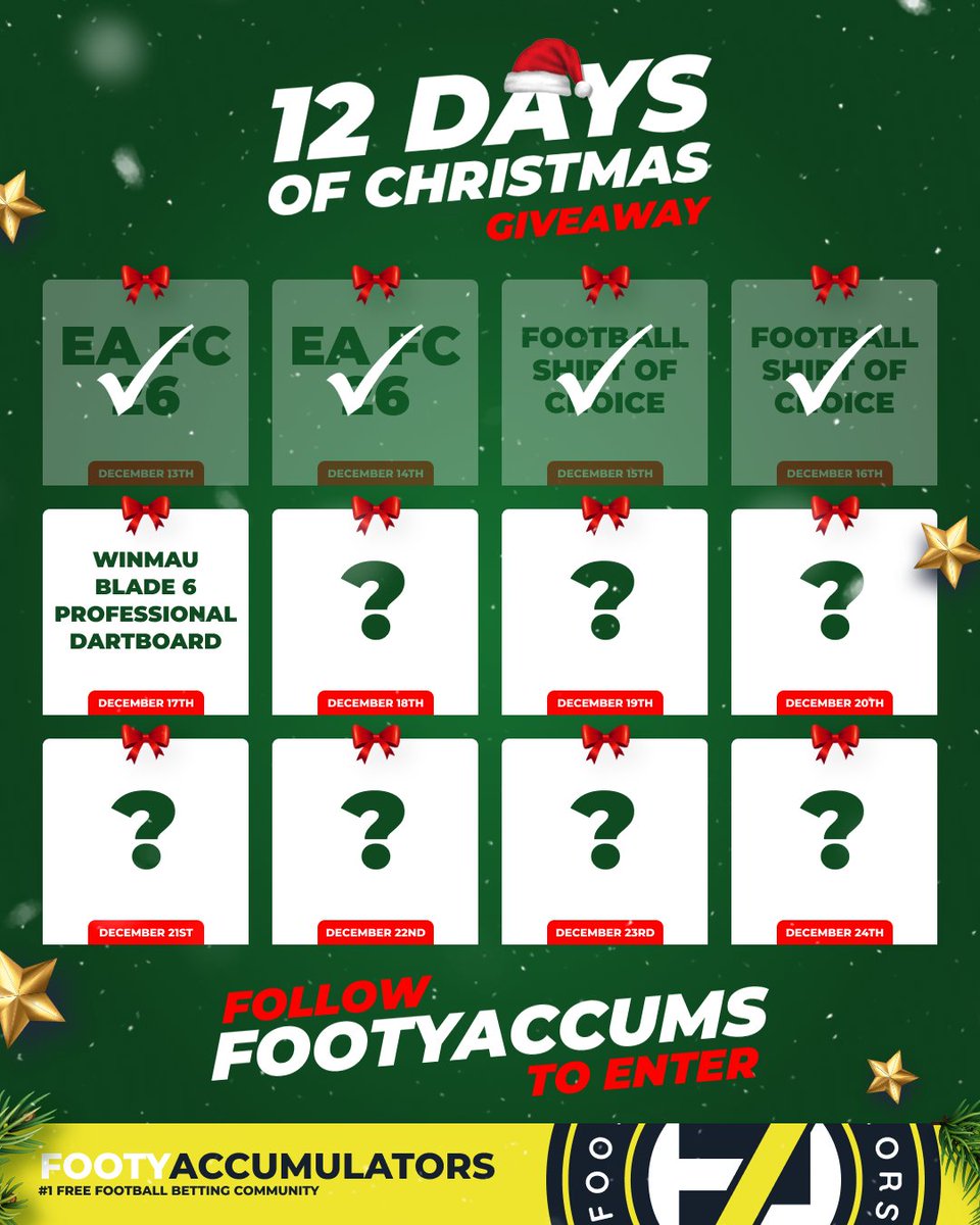 FootyAccums's tweet image. DAY 5 OF OUR 12 DAYS OF GIVEAWAYS! 🚨

WIN A WINMAU PROFESSIONAL DARTBOARD! 🎯

RETWEET &amp;amp; FOLLOW TO ENTER! ✅

Winner picked TONIGHT @ 10pm - good luck! 🙏